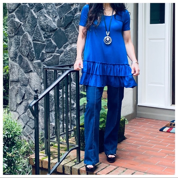 ROYAL BLUE LAYERED HEM SHORT SLEEVES TUNIC TOP - Picture 10 of 13